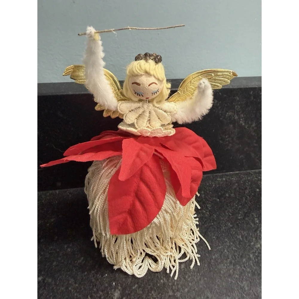 Vtg Handmade Christmas Angel Ornament Poinsettia Sequins Yarn Hair Gold Wings 6